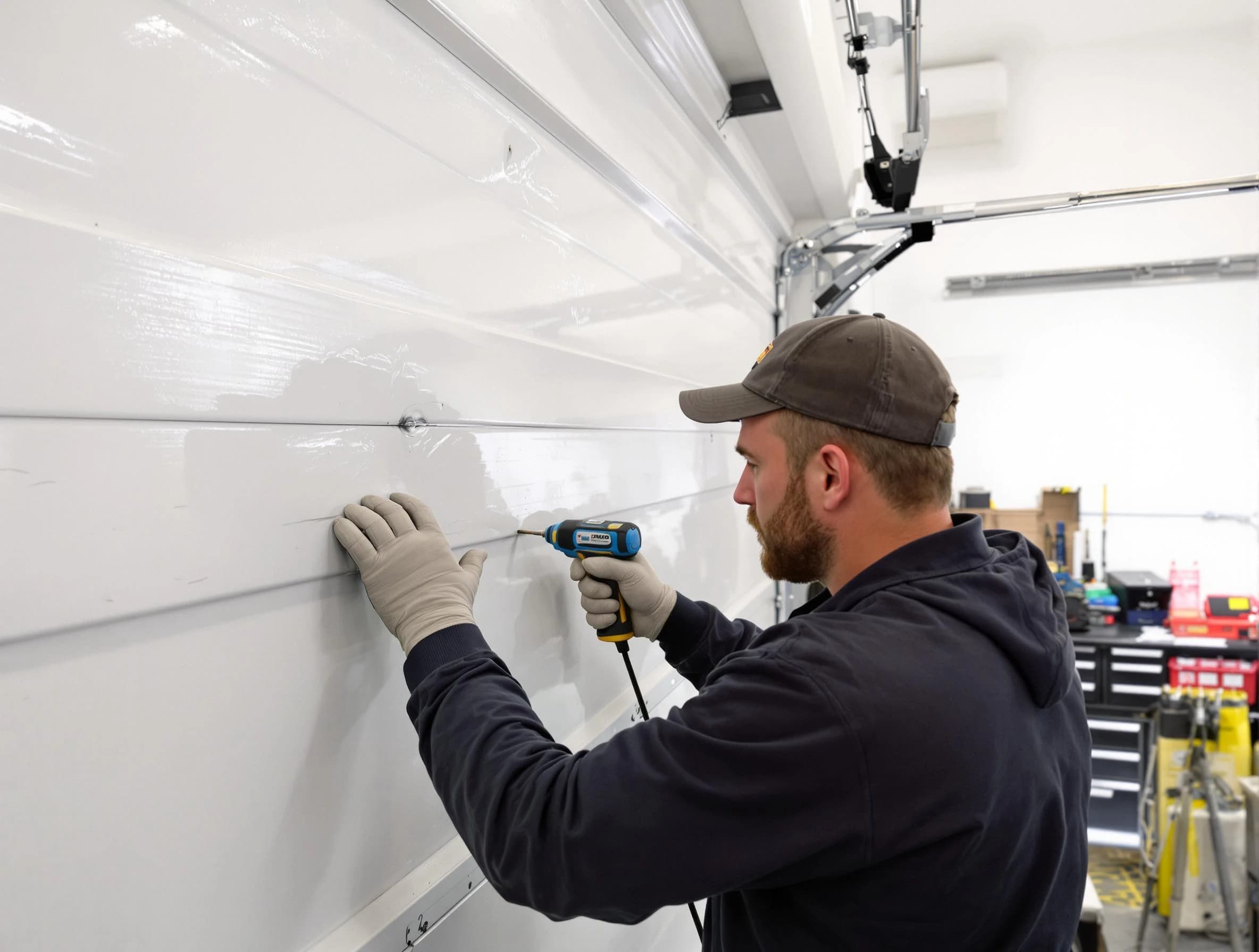 Westminster Garage Door Repair technician demonstrating precision dent removal techniques on a Westminster garage door