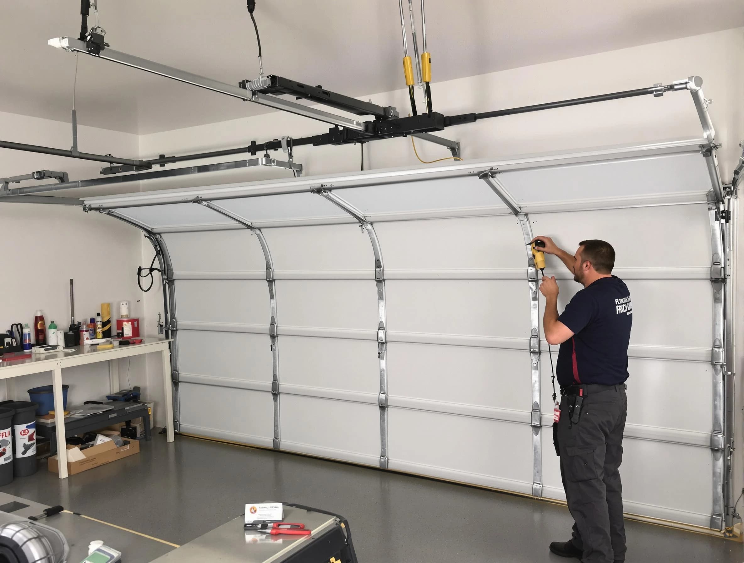 Westminster Garage Door Repair certified technician performing overhead door system repair in Westminster
