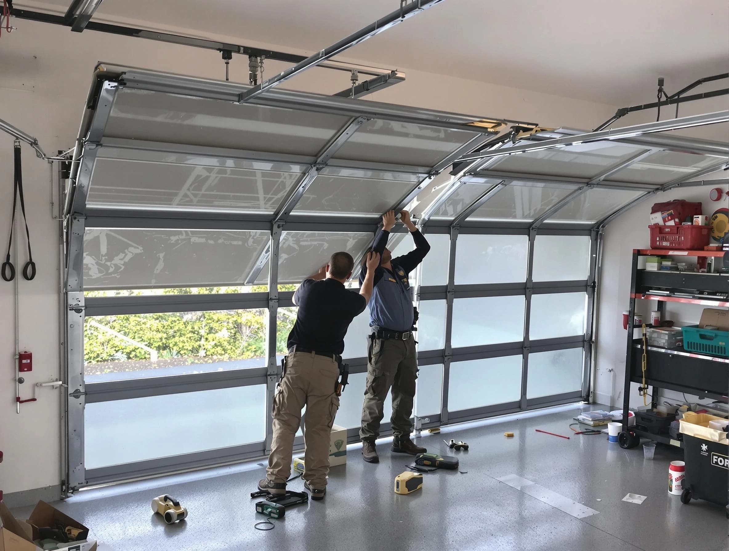 Westminster Garage Door Repair expert performing precise panel replacement on Westminster garage door