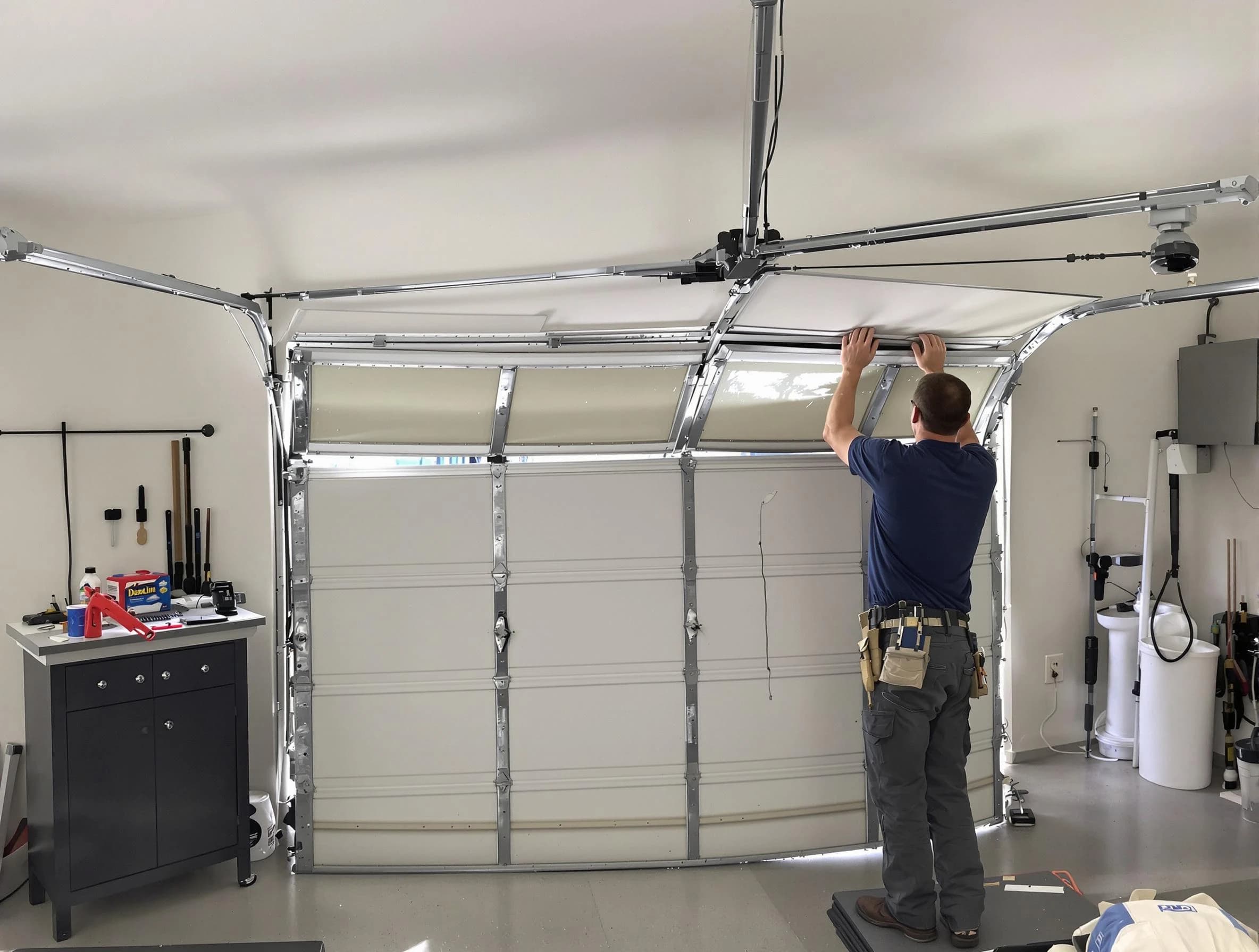 Westminster Garage Door Repair specialist performing precise section replacement on Westminster garage door