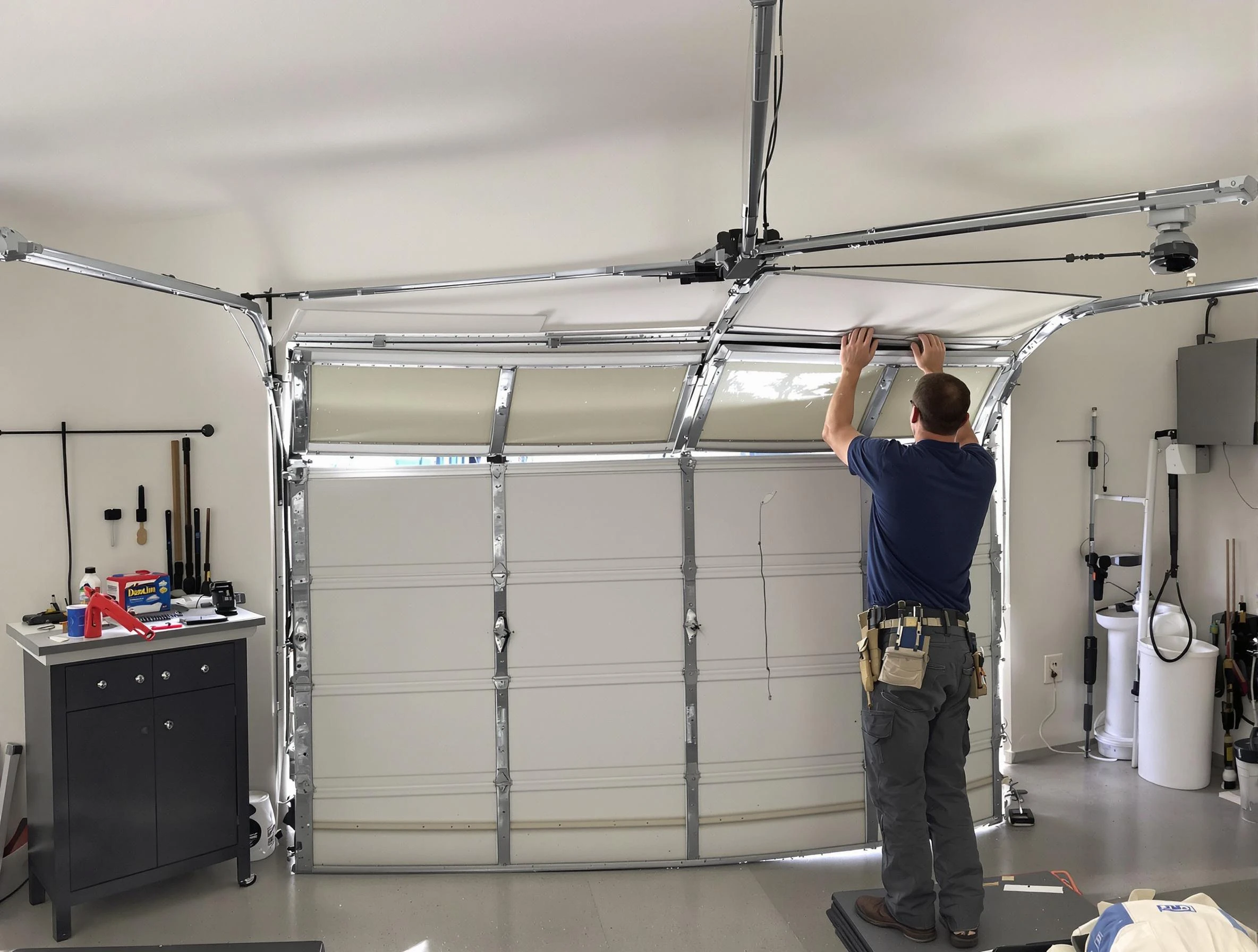 Westminster Garage Door Repair specialist performing precise section replacement on Westminster garage door